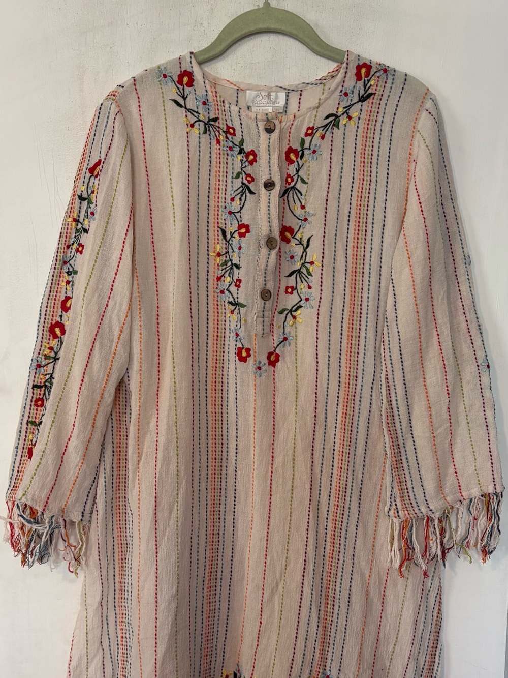 Soft Surroundings Cream Tunic with Rainbow Stitching